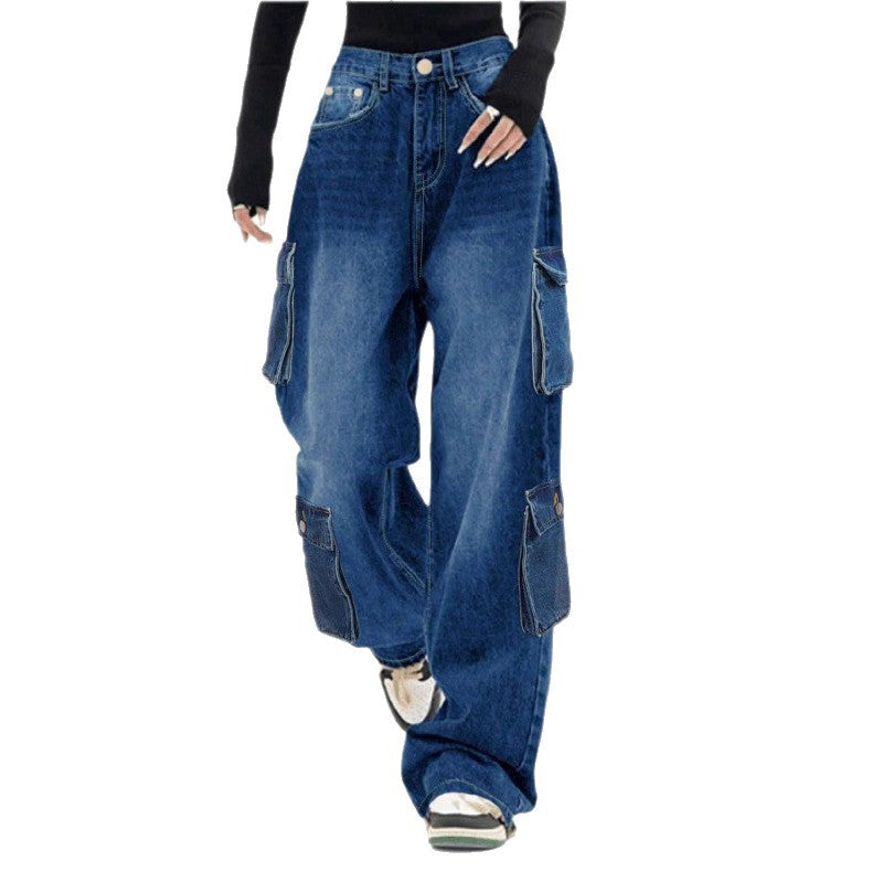 Damen Weite High-Waist Cargo-Jeans im Baggy-Schnitt mit Mehrfach-Taschen Drune