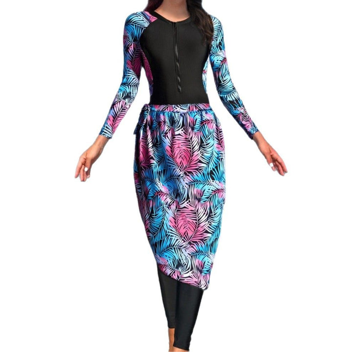 Damen Modischer UV-Schutz-Schwimmanzug mit langen Ärmeln und elegantem Rock Drune