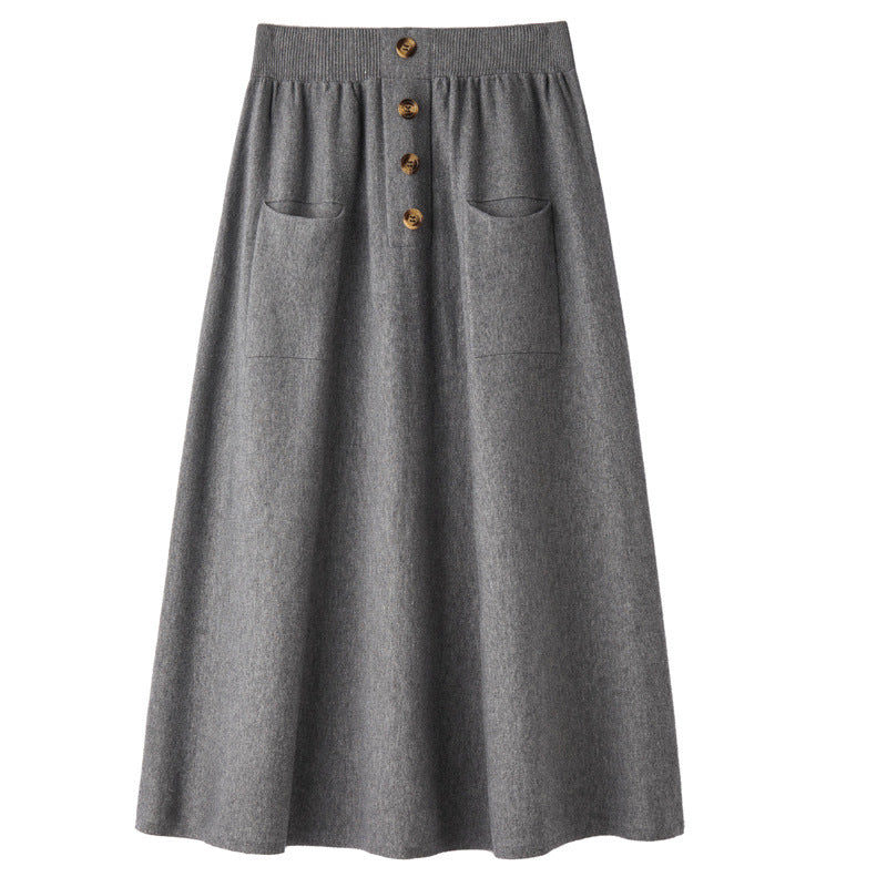 Damen Midirock aus Wollmix mit A‑Linie, elastischem Rippbund, Zierriegel‑Knopfleiste und aufgesetzten Taschen Drune