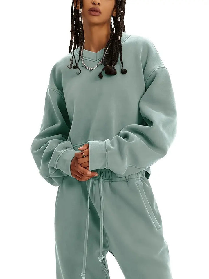 Damen Boxy-Sweatshirt mit überschnittener Schulter, verlängertem Rückenteil und brushed Fleece Drune