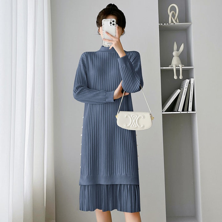 Damen elegantes Strickkleid mit modischem Rippdesign und Perlknopfdetails Drune