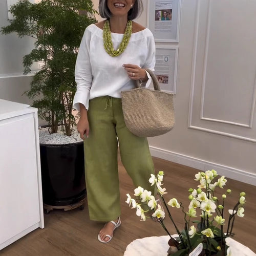 Damen nan weite Leinenmix-Palazzohose mit Kordelzug und knöchellanger Silhouette Drune