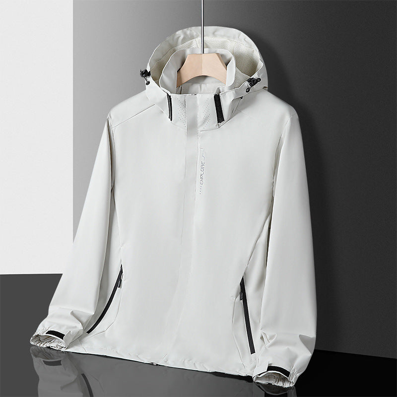 Herren leichter wasserdichter Softshell‑Hoodie mit Kapuze und Tarn‑Hex‑Alloverprint Drune