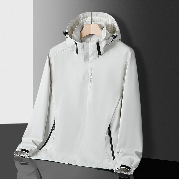 Herren leichter wasserdichter Softshell‑Hoodie mit Kapuze und Tarn‑Hex‑Alloverprint Drune