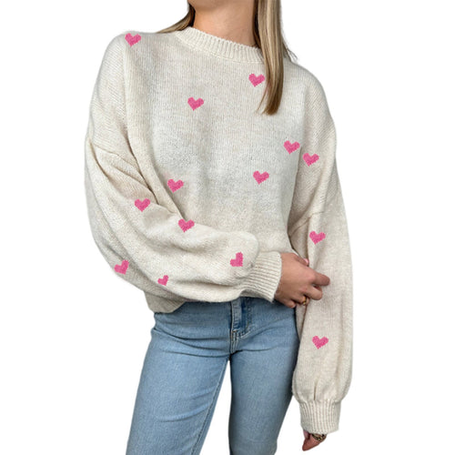 Damen nan oversized Strickpullover mit Herzintarsien und Ballonärmeln Drune
