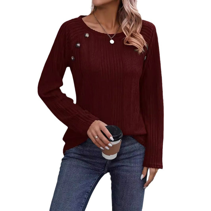 Damen Feiner Rippstrick-Pullover mit Zierknopfleiste und Rundhalsausschnitt Drune