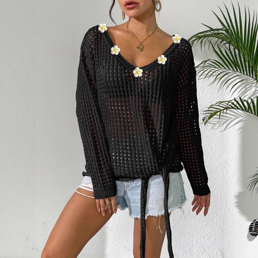 Damen luftiger Strickpullover mit floralem Dekor Drune
