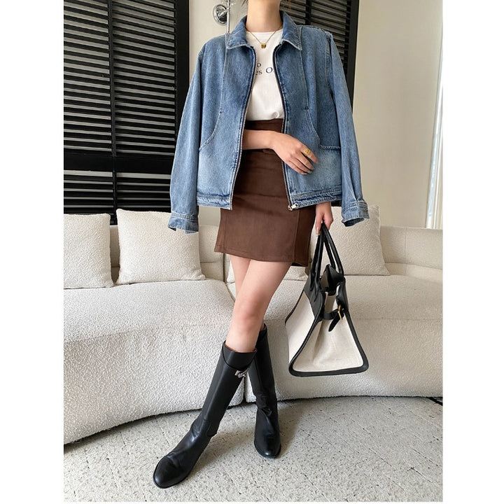 Damen lässige Denim-Jacke im Oversized-Stil mit praktischen Taschen und dezenten Details Drune