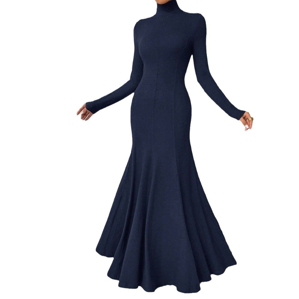Damen figurbetontes Rollkragen-Maxikleid mit Meerjungfrauen-Silhouette, langen Ärmeln und formendem Stretch-Jersey Drune