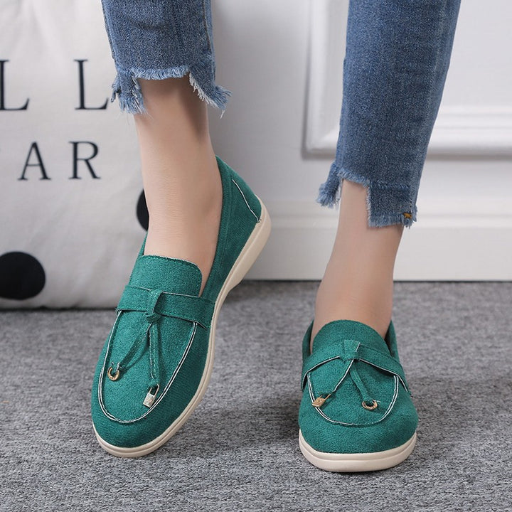 Damen lässige Veloursleder-Optik Slipper mit dekorativer Zierkordel, weichem Komfortfußbett und flexibler Leichtsohle Drune