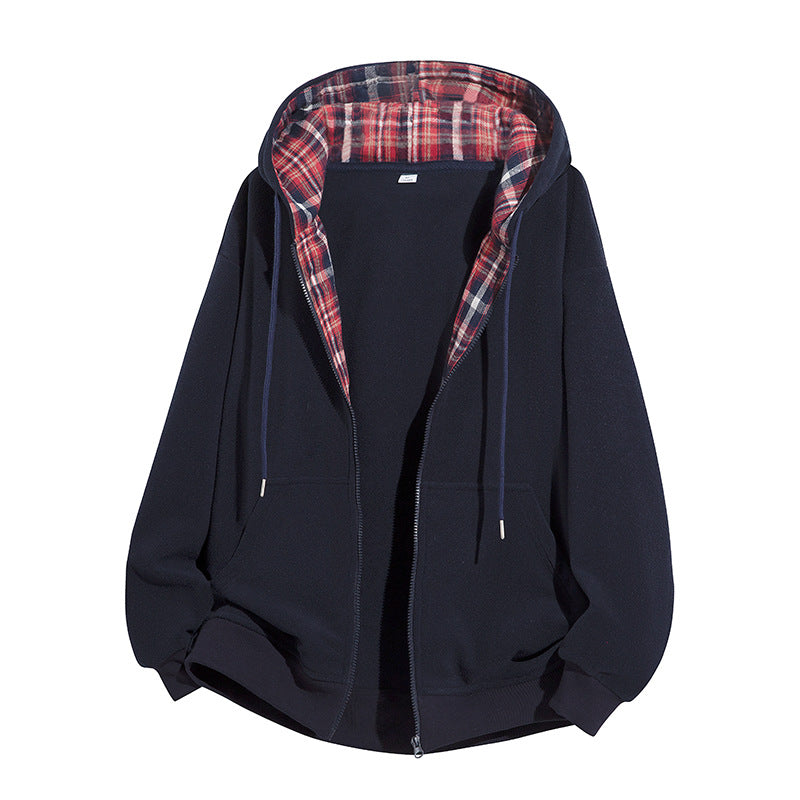 Herren Oversize-Kapuzenjacke mit kariert gefütterter Innenseite, Reißverschluss und Kängurutaschen Drune