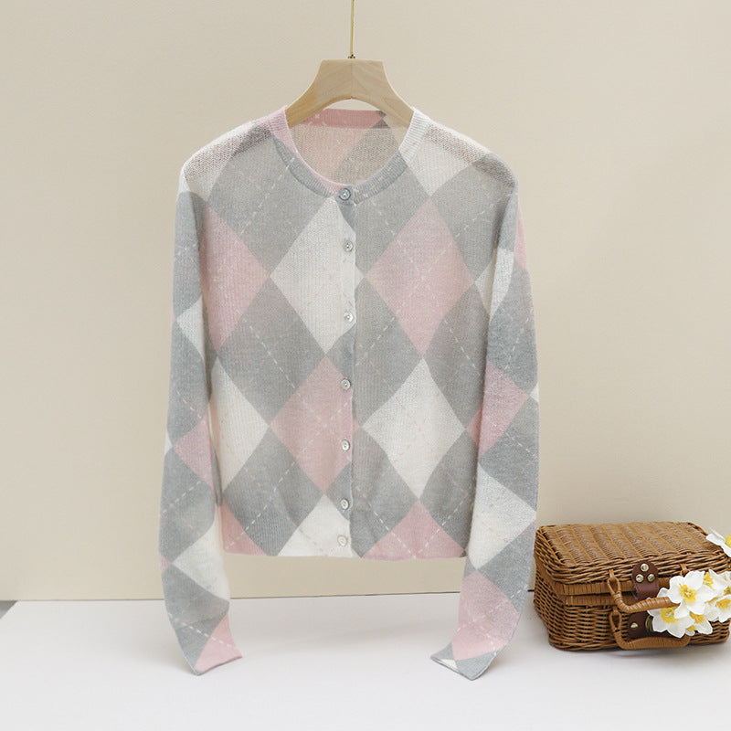 Damen Feiner Rundhals-Cardigan mit Rauten‑Argyle‑Muster aus leichtem Feinstrick Drune