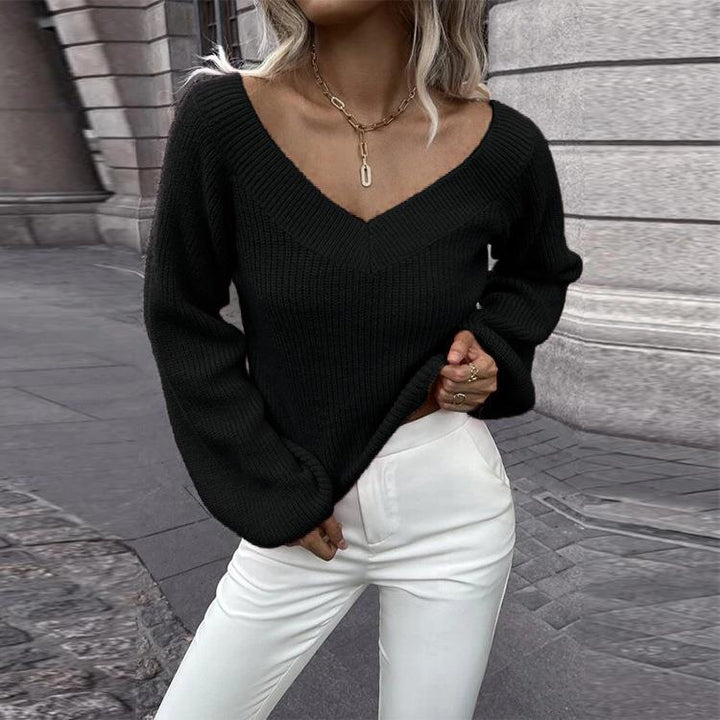 Damen Strickpullover mit V-Ausschnitt und weitem Ärmel Drune