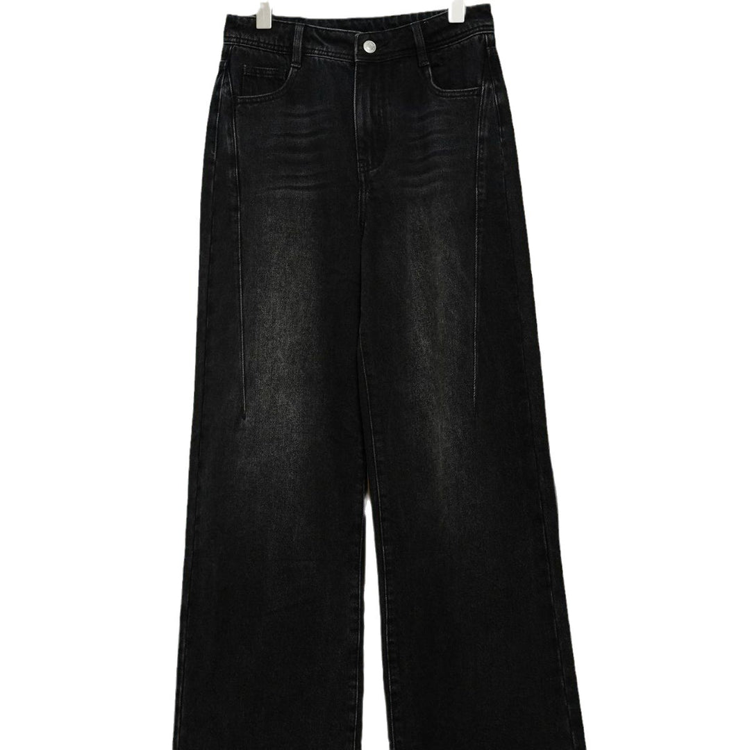 Damen weite High‑Waist Denim‑Jeans im Baggy‑Cut mit Mittelnaht und Used‑Effekt Drune