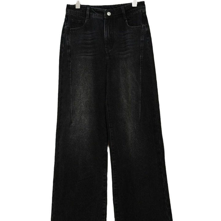 Damen weite High‑Waist Denim‑Jeans im Baggy‑Cut mit Mittelnaht und Used‑Effekt Drune