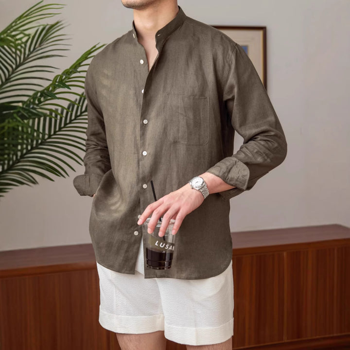 Herren Leinenhemd mit Stehkragen und Brusttasche Drune