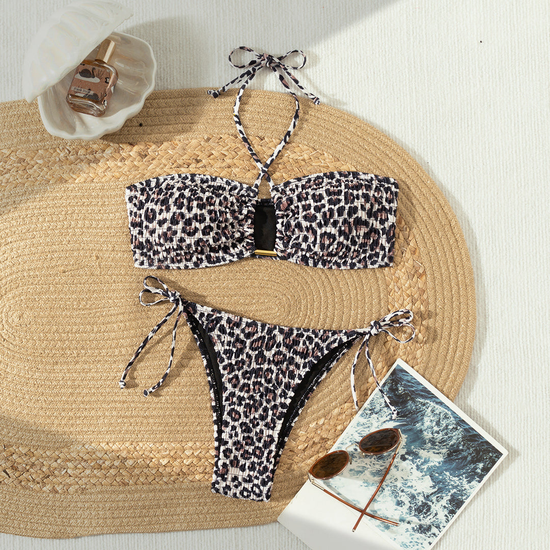 Damen Bandeau-Bikini mit stylischem Leo-Muster und verstellbaren Trägern Drune