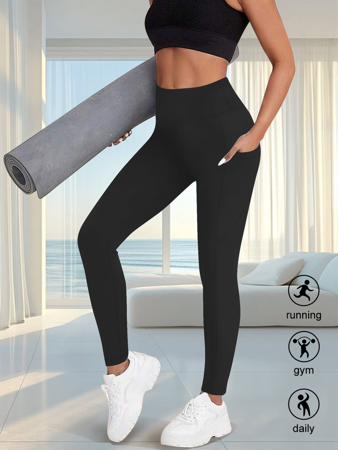 Damen High-Waist Sportleggings mit seitlicher Handytasche und formendem Kompressionsstoff Drune