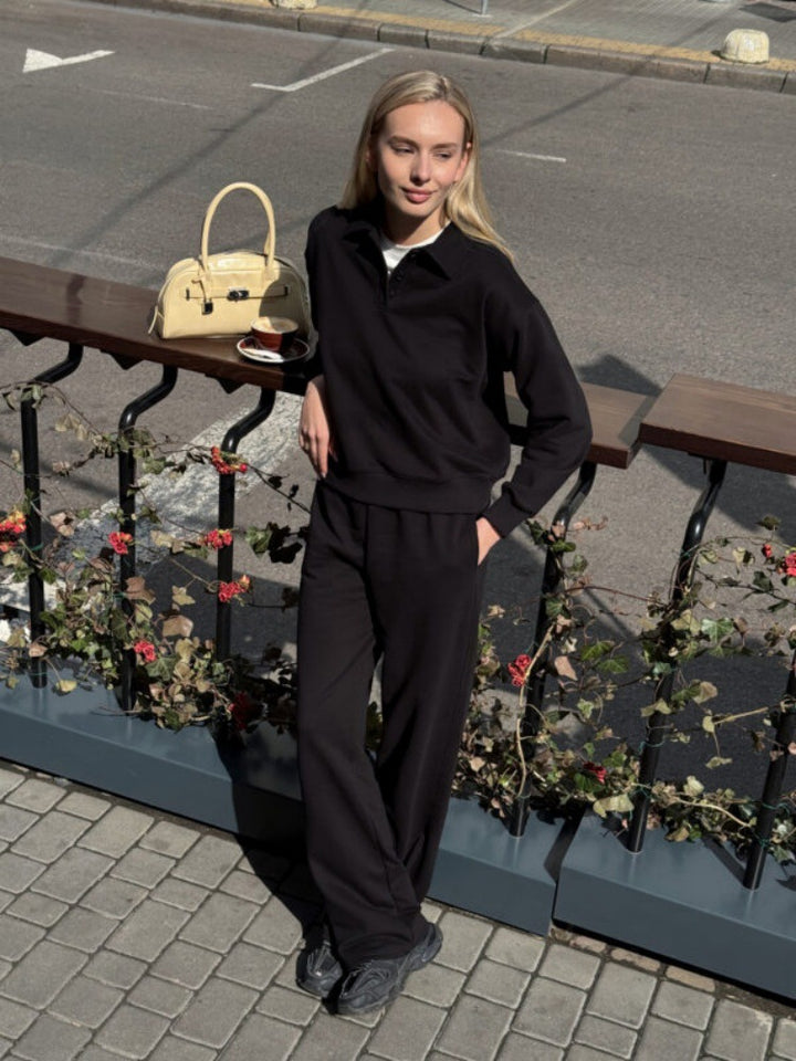 Damen Loungewear-Anzug aus weichem Fleece mit Polo-Kragen und geraden Hosen Drune