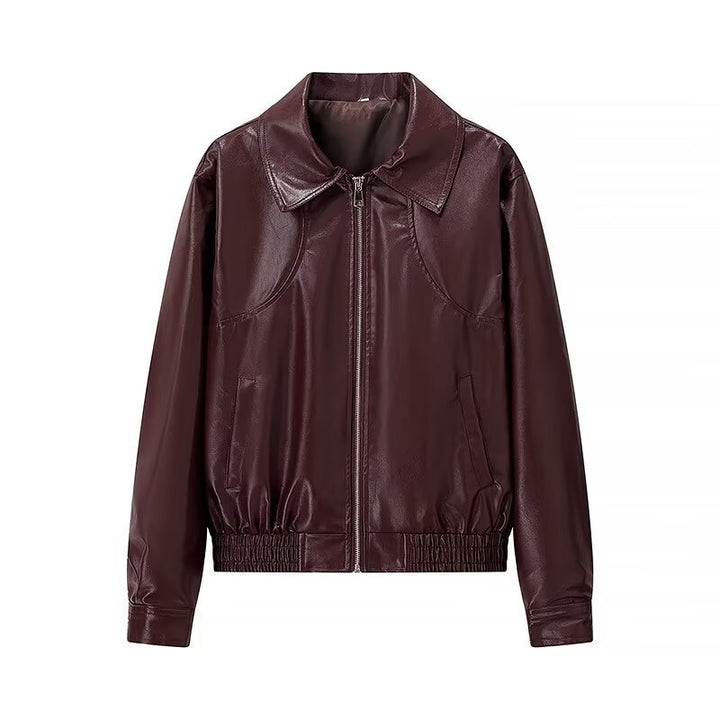 Damen modische Kunstlederjacke im Vintage-Stil mit Stehkragen Drune