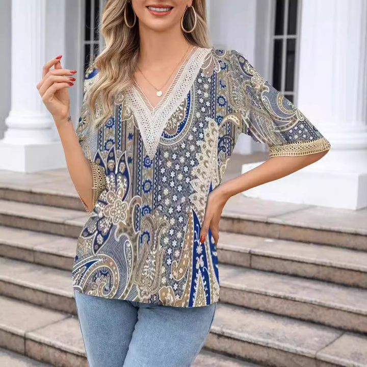 Damen Trendiges Boho-Shirt mit dekorativem Häkelkragen Drune