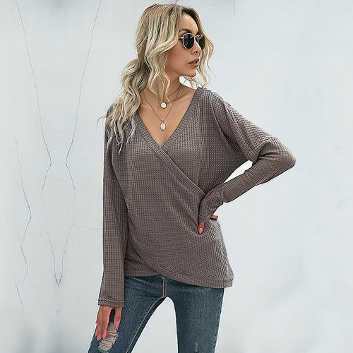 Damen Waffelstrick‑Wickelshirt mit V-Ausschnitt und langer Oversize-Ärmelpassform Drune