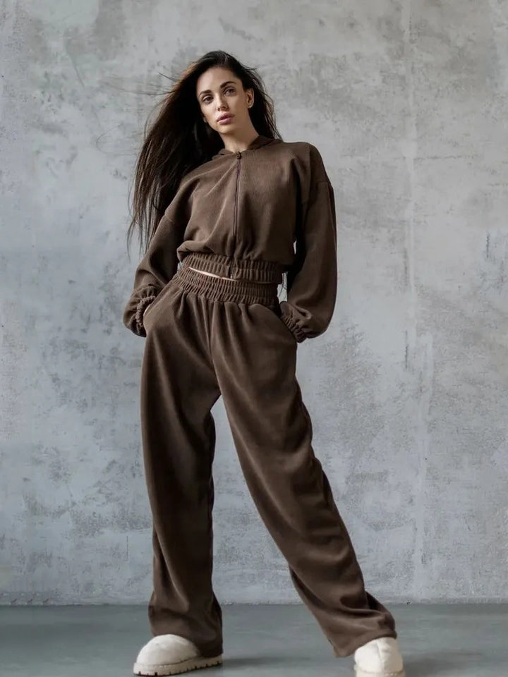 Damen Velours-Loungewear-Set mit kurzem Reißverschluss-Hoodie und weiter hochgeschnittener Palazzohose Drune