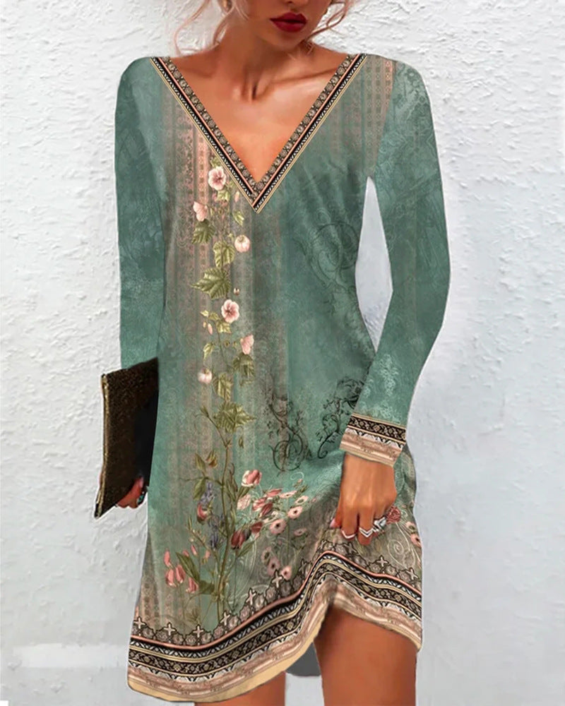 Frauen Floral V-Ausschnitt Tunika Kleid mit Border Print und langen Ärmeln Drune