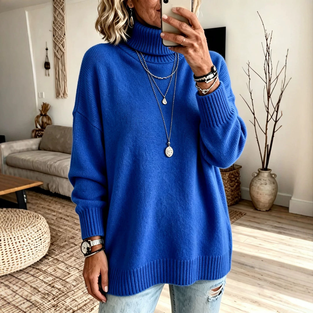 Damen Oversize Rollkragenpullover aus Feinstrick mit gerippten Bündchen und überschnittener Schulter Drune