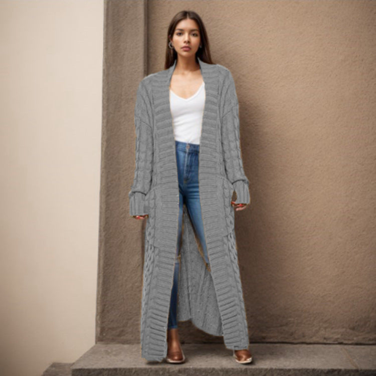 Damen Langer Strickcardigan mit strukturiertem Zopfmuster und praktischen Taschen Drune