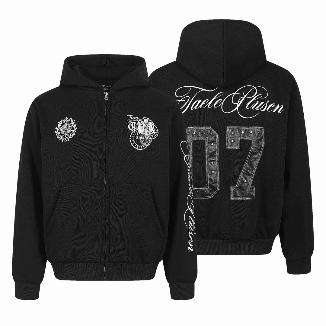 Unisex Kapuzen‑Sweatjacke mit durchgehendem Reißverschluss, Kängurutasche und ornamentalen Siegel‑Prints Drune