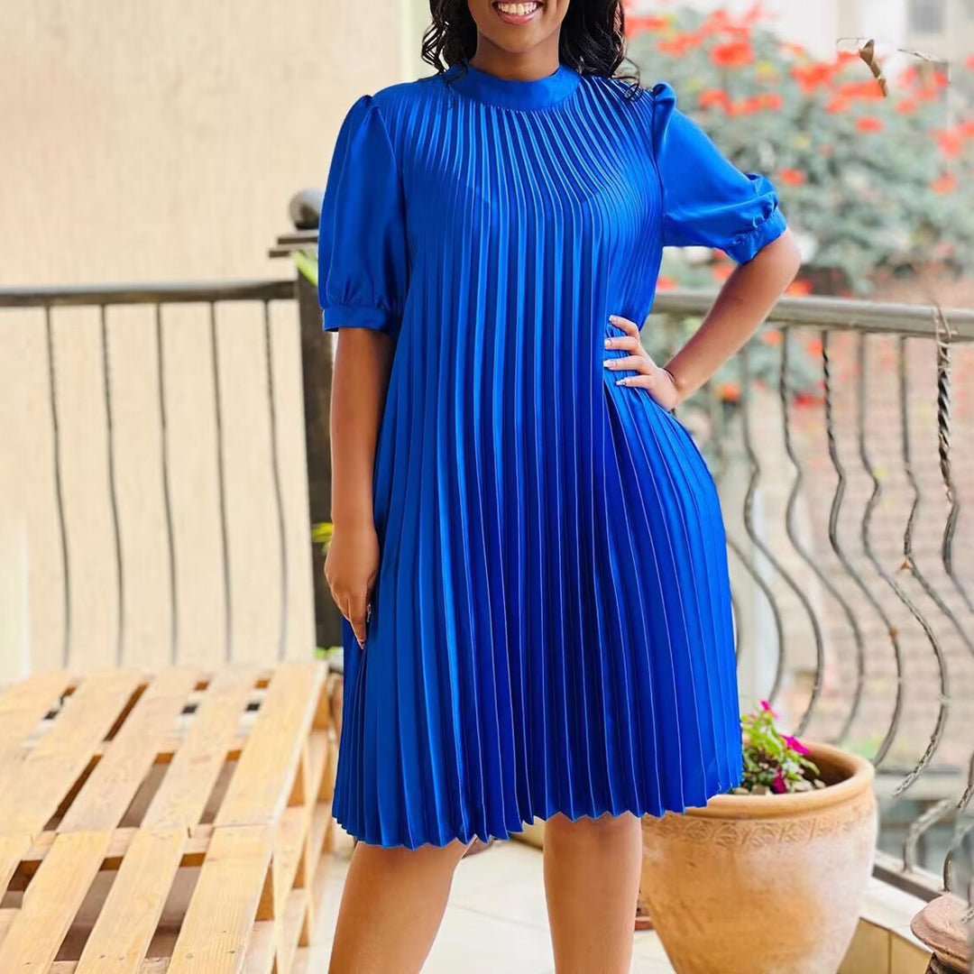 Damen Plissee Kleid mit Bindeband und halbarmigen Ärmeln Drune