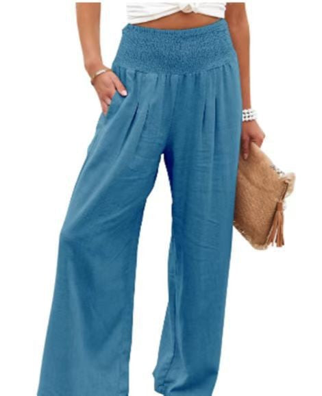 Frauen Weite Bein Smocked Hohe Taille Leinenmischung Hosen Drune
