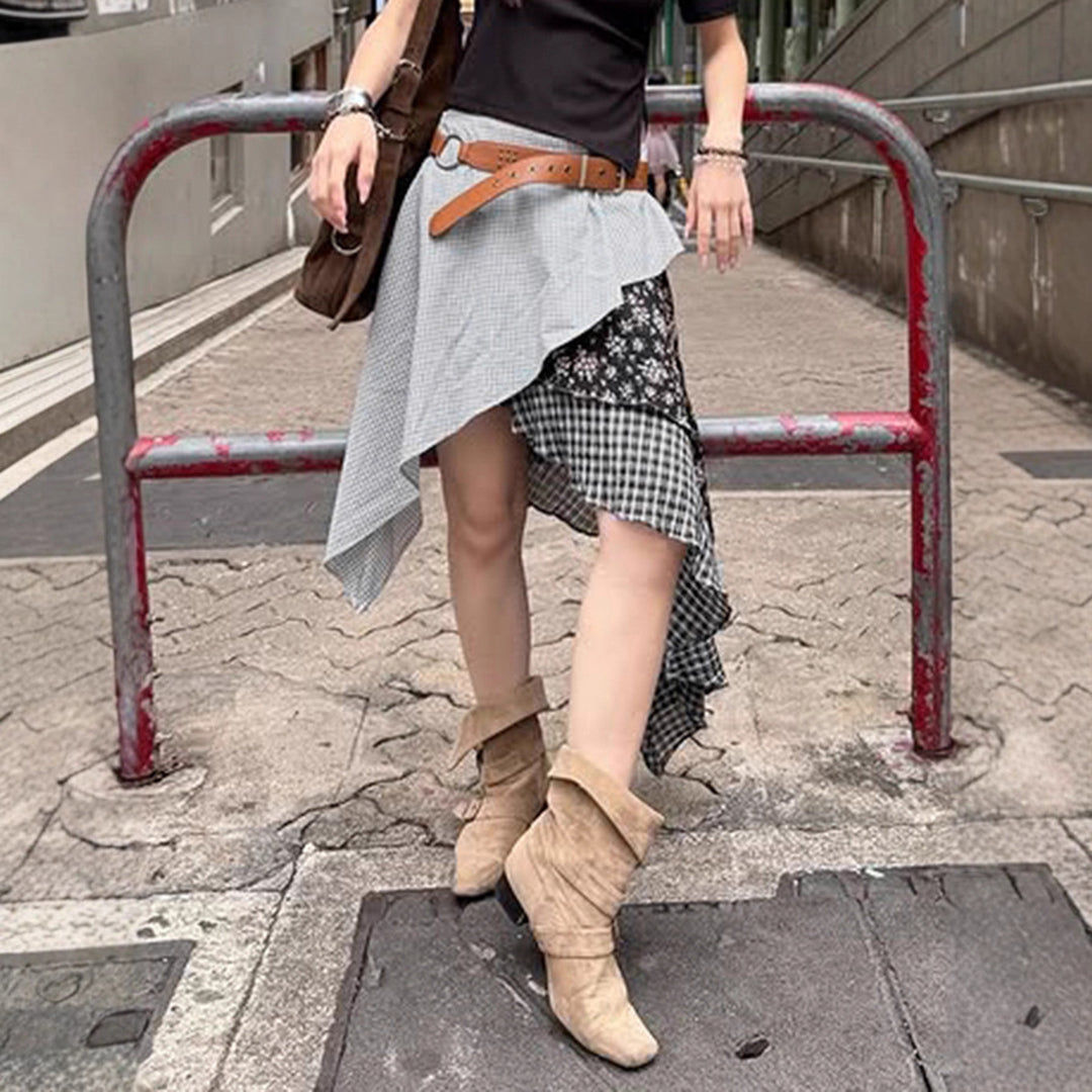 Damen asymmetrischer Rock mit floralen und karierten Mustern Drune