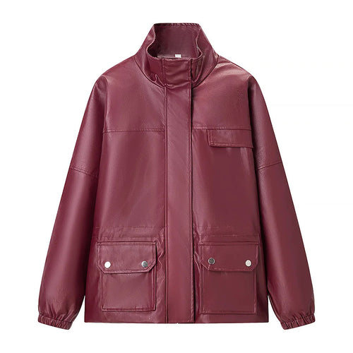 Damen nan lässige Kunstleder-Utilityjacke mit Stehkragen, aufgesetzten Pattentaschen und elastischen Bündchen Drune