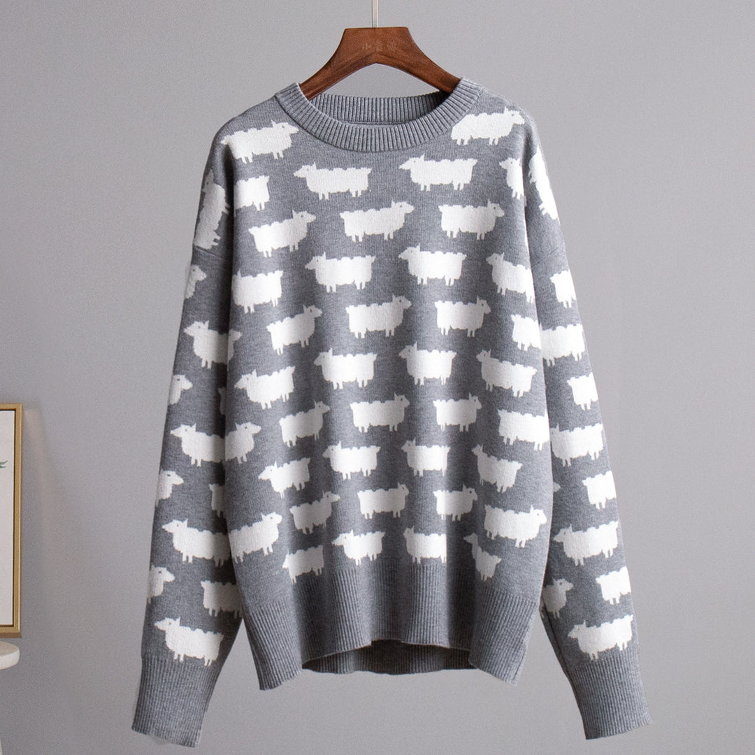 Damen Gemusterter Strickpullover mit Schafmotiven Drune