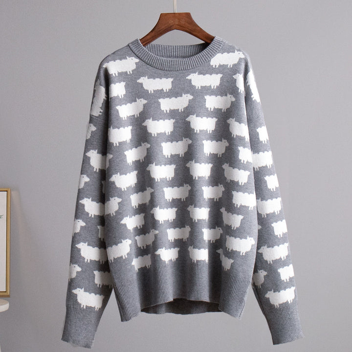 Damen Gemusterter Strickpullover mit Schafmotiven Drune