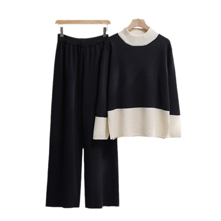 Damen elegantes Strick-Loungewear-Set mit weitem Bund und dekorativem Kragen Drune