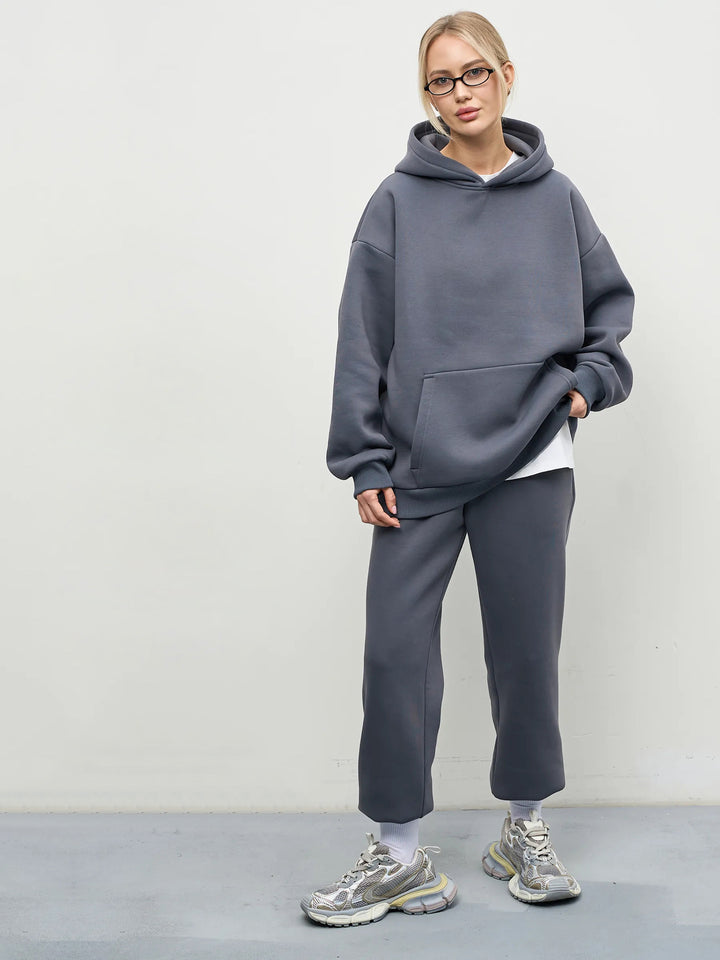 Damen lässiges Kapuzen-Sweatset aus schwerer Baumwollfleece mit Kängurutasche und gerader Jogginghose Drune
