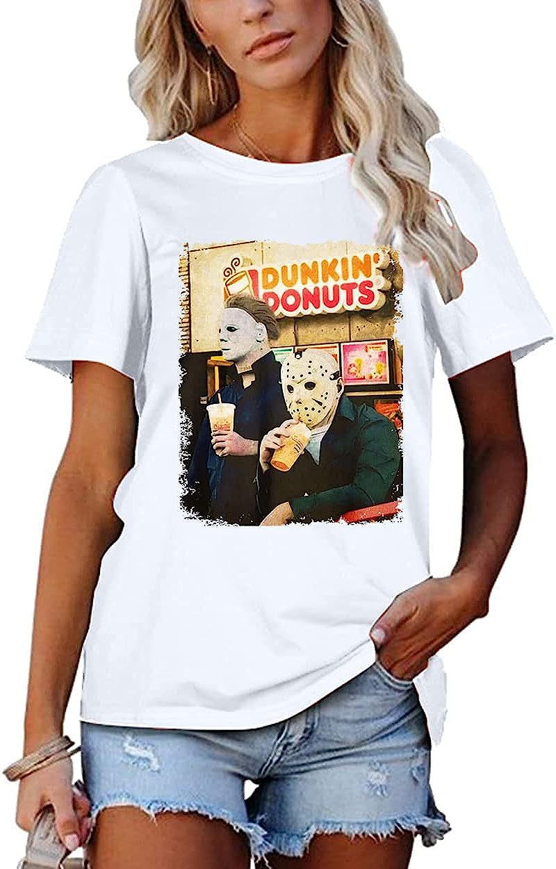 Damen Trendy Grafik T-Shirt mit ikonischen Horrorfiguren Drune
