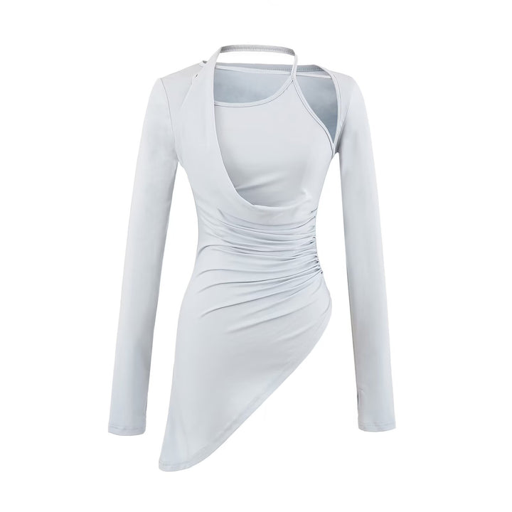 Damen Figurbetontes Langarm-Midikleid mit asymmetrischem Saum, Raffung und Neckholder Drune