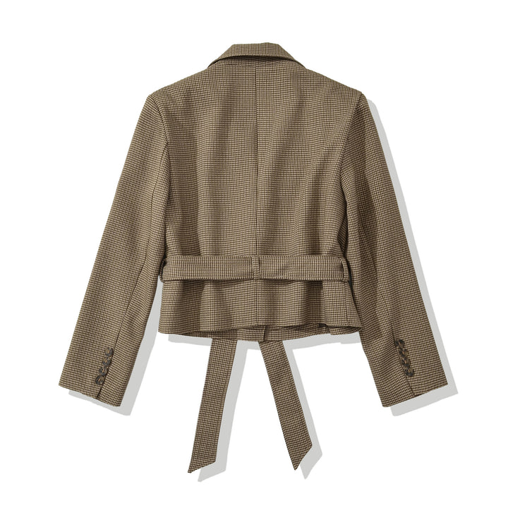 Damen Cropped Blazer mit Taillengürtel, Hahnentrittstruktur und Reverskragen Drune