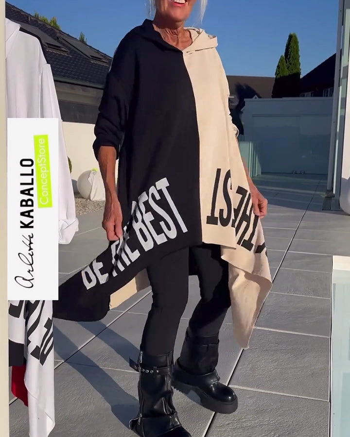 Damen nan weit geschnittener Kapuzenponcho mit asymmetrischem Zipfelsaum und großflächigem Statement-Print Drune