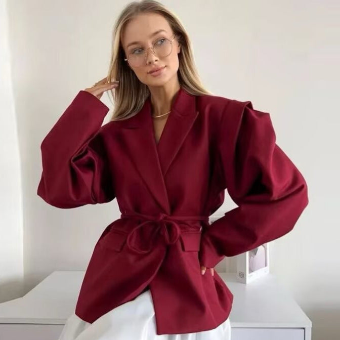 Damen elegante Blazerjacke mit tailliertem Schnitt und Bindegürtel Drune