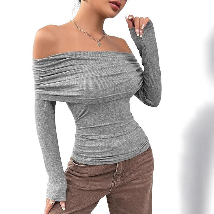 Damen Schulterfreies Ripp-Longsleeve mit weitem Umschlagkragen und taillierter Silhouette Drune