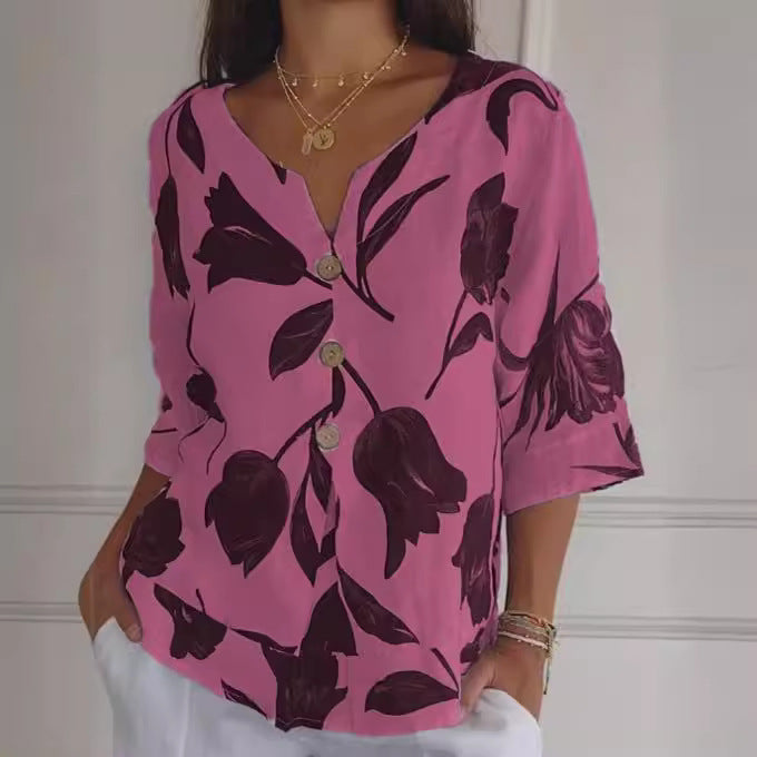 Frauen Locker V-Ausschnitt Bluse Top mit großem floralem Tulpenmuster und Knopfleiste Drune