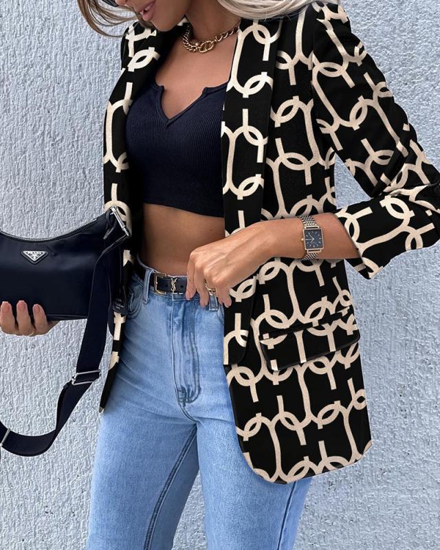 Damen Gemusterter Longblazer mit Kettenmuster, taillierter Silhouette und Pattentaschen Drune