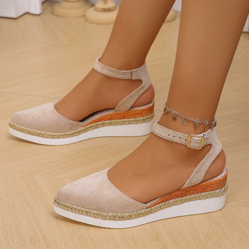 Damen nan geschlossene Velours-Espadrille mit Keilplattform, verstellbarem Knöchelriemen und geflochtenem Bastrand Drune