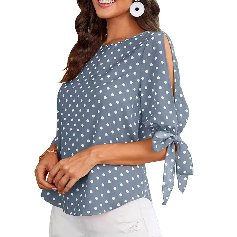 Frauen Schleifen-Detail Polka Dot Bluse Drune