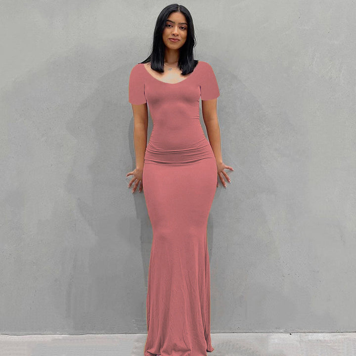 Damen Körperbetontes Maxi‑Jerseykleid mit taillierter Drapierung, langen Ärmeln und ausgestelltem Saum Drune